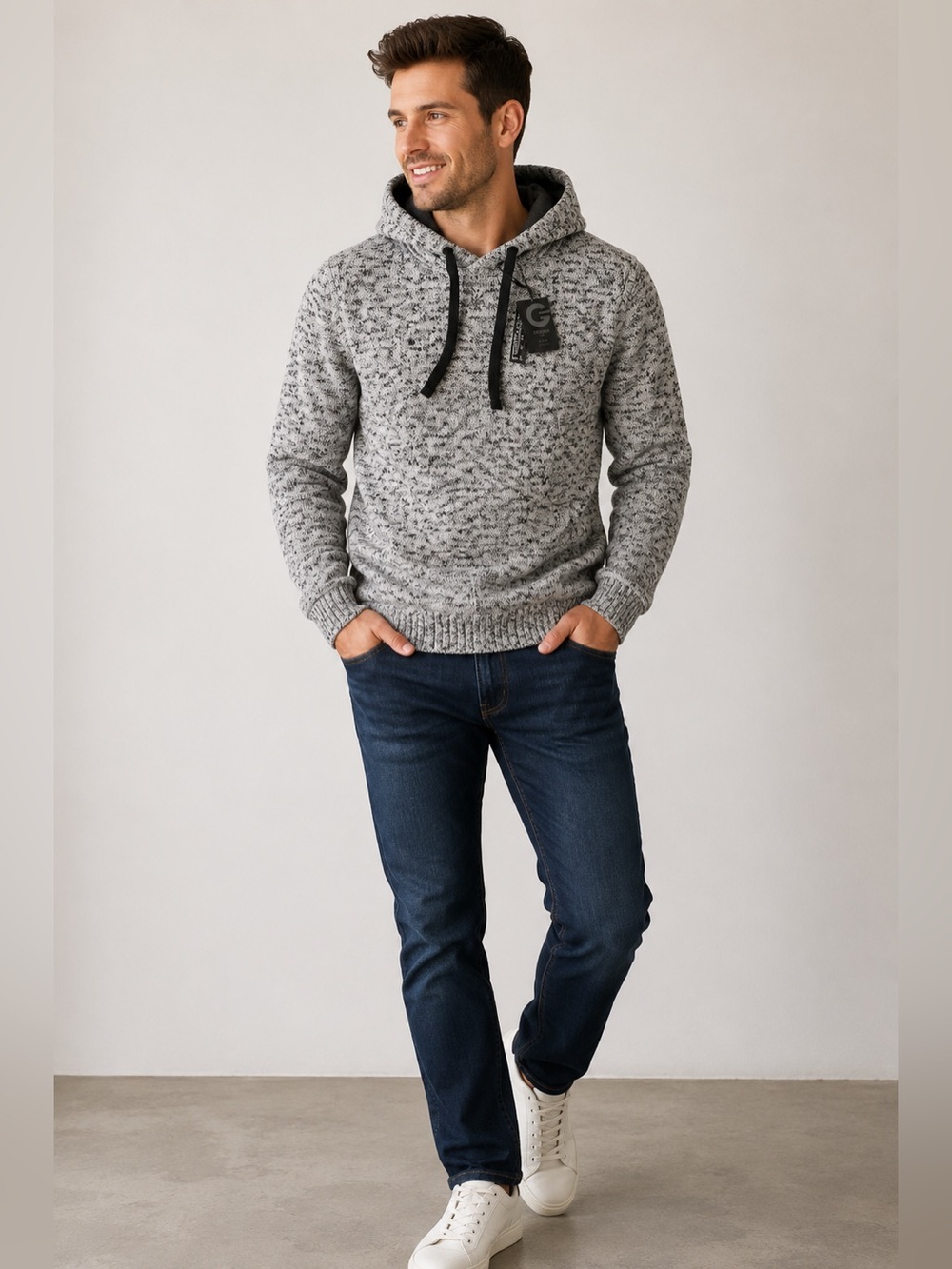 Fried Denim Marled Knit Hooded Sweater Gray Black Pullover XL NWT